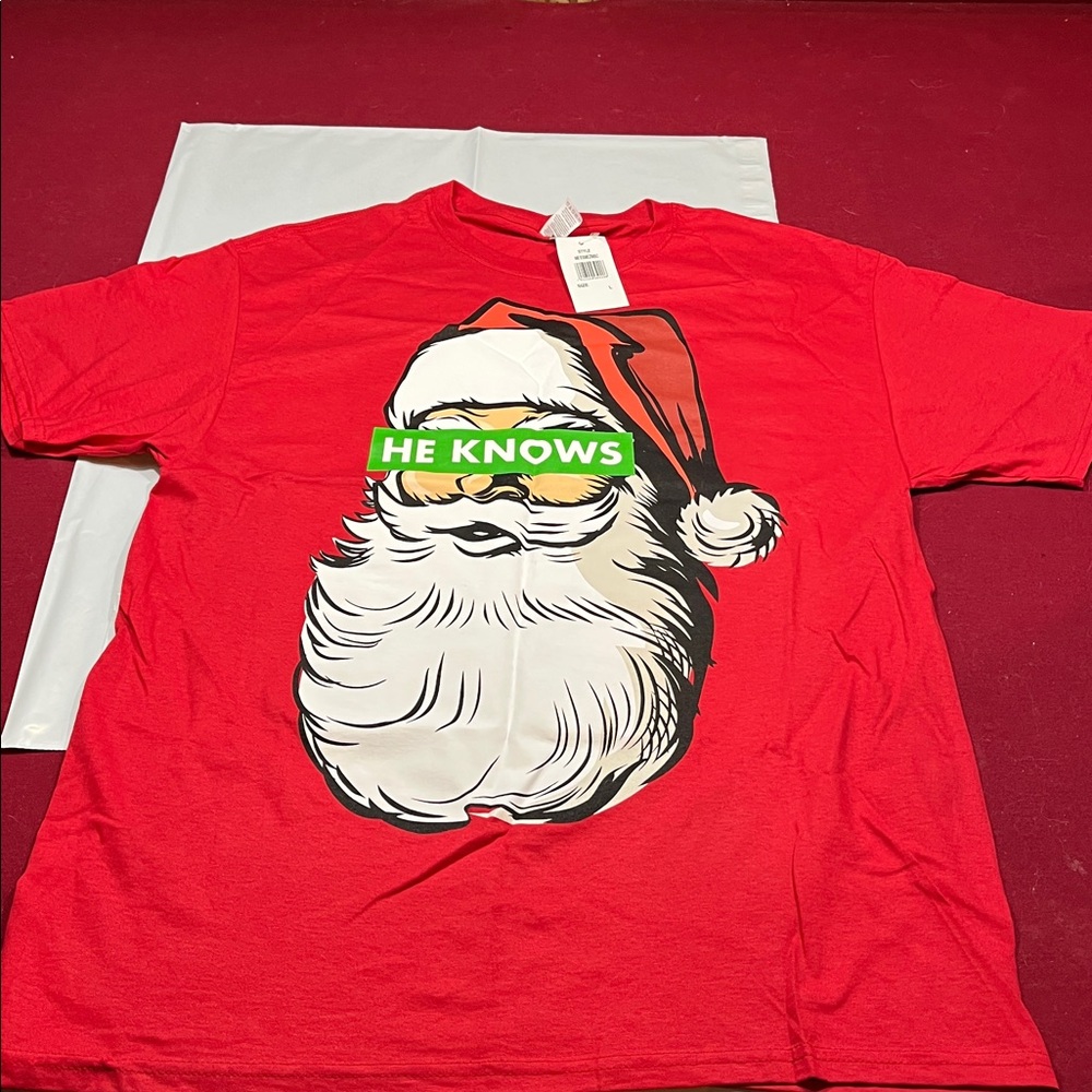 Christmas HE KNOWS Santa Claus RED T-Shirt size LARGE MENS funny NEW holiday Lg